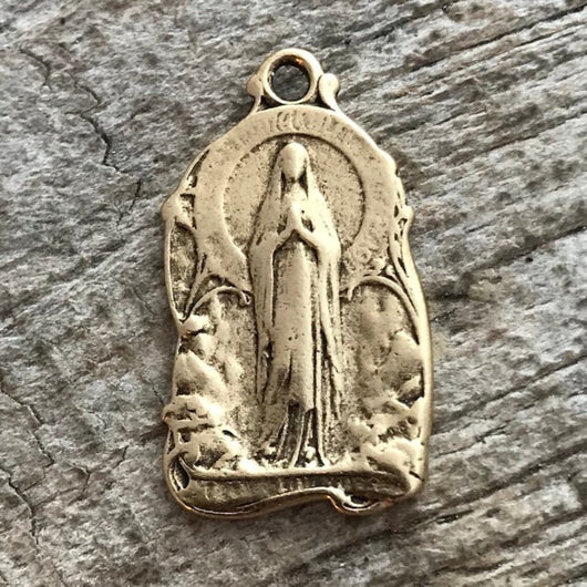 Mary Medal, Virgin Mary, Our Lady of Lourdes, Catholic Necklace, Religious Charm, Gold French Charm, Christian Jewelry Supplies, GL-6034