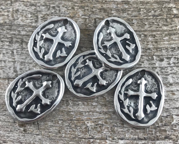 Load image into Gallery viewer, Cross Charm, Pocket Cross, Circle Cross Coin Token, Silver Cross, Religious Cross, Silver Charm, Christian Jewelry, Men&#39;s Jewelry, PW-6040
