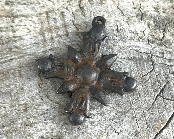 Load image into Gallery viewer, Cross Charm, Rustic Cross, Cross Pendant, Star Sun Flame Cross, Religious Jewelry, Christian Jewelry Making Supply, Religious, BR-6044
