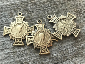 Mary Cross, Cross Pendant Medal, Antique Gold Cross, Gold Rosary Parts, Floral Cross, Catholic Jewelry Supply, Religious Jewelry, GL-6137