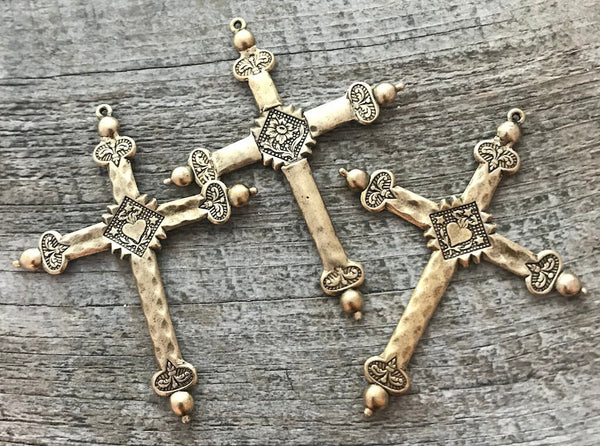 Load image into Gallery viewer, Sacred Heart Cross, French Jeannette Cross, Floral Cross Pendant, Antiqued Gold Cross, Catholic Rosary Parts, Religious Jewelry, GL-6045
