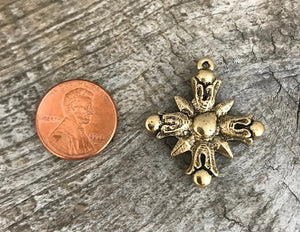 Cross Charm, Gold Cross, Cross Pendant, Star Sun Flame Cross, Religious Jewelry, Christian Jewelry Making Supply, Religious, GL-6044