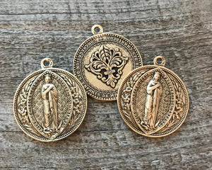 Mary Medal, Sacre Couer Pendant, Sacred Heart Pendant, Gold Pendant, Fleur de Lis, Rosary, Catholic Pendant, Christian Jewelry, GL-6042