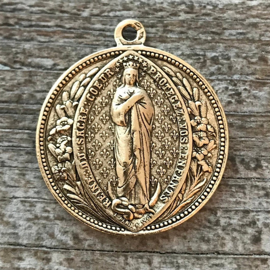 Mary Medal, Sacre Couer Pendant, Sacred Heart Pendant, Gold Pendant, Fleur de Lis, Rosary, Catholic Pendant, Christian Jewelry, GL-6042