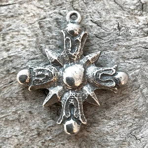 Cross Charm, Silver Cross, Cross Pendant, Star Sun Flame Cross, Religious Jewelry, Christian Jewelry, Jewelry Making Supply, Gift, PW-6044