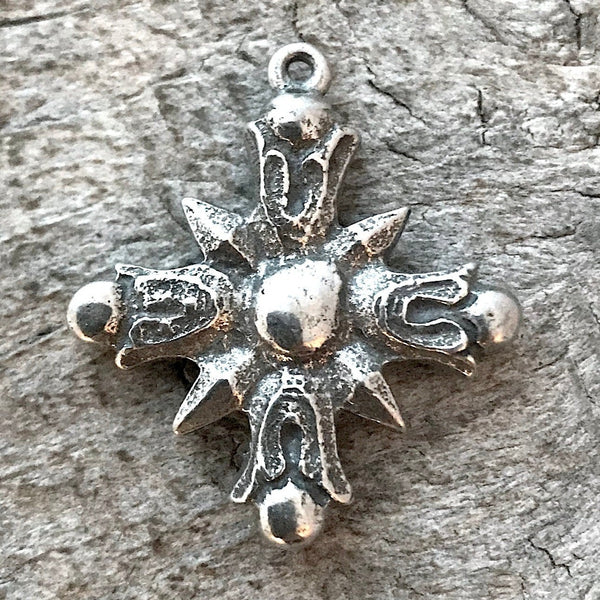 Load image into Gallery viewer, Cross Charm, Silver Cross, Cross Pendant, Star Sun Flame Cross, Religious Jewelry, Christian Jewelry, Jewelry Making Supply, Gift, PW-6044
