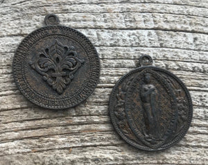 Mary Medal, Sacre Couer Pendant, Sacred Heart Pendant, Brown Pendant, Fleur de Lis, Rosary, Catholic Pendant, Christian Jewelry, BR-1036