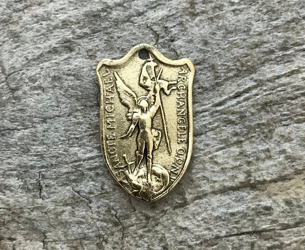 Load image into Gallery viewer, 2 St. Michael Medal, Catholic Medal, Antiqued Gold Charm, Archangel Michael Shield, Religious Charm, Protect Us, Christian Jewelry, GL-6186
