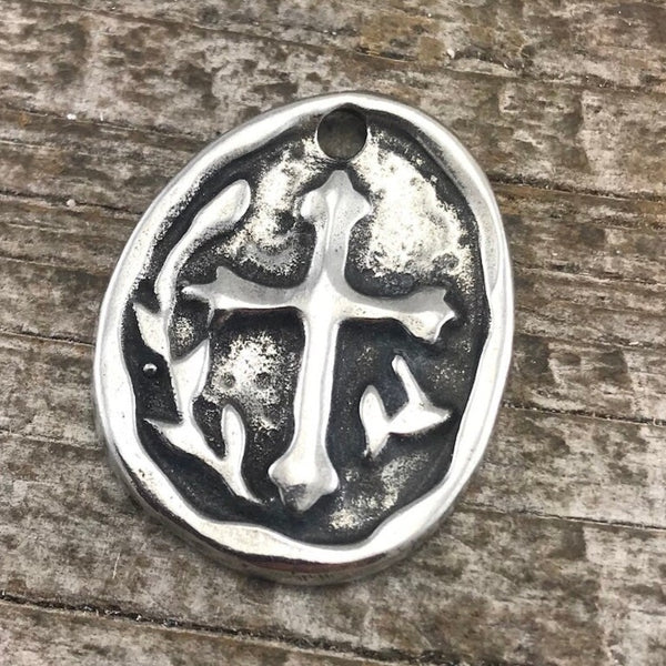 Load image into Gallery viewer, Cross Charm, Pocket Cross, Circle Cross Coin Token, Silver Cross, Religious Cross, Silver Charm, Christian Jewelry, Men&#39;s Jewelry, PW-6040

