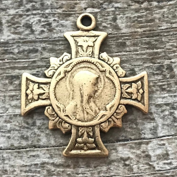 Load image into Gallery viewer, Mary Cross, Cross Pendant Medal, Antique Gold Cross, Gold Rosary Parts, Floral Cross, Catholic Jewelry Supply, Religious Jewelry, GL-6137

