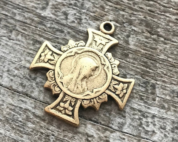 Load image into Gallery viewer, Mary Cross, Cross Pendant Medal, Antique Gold Cross, Gold Rosary Parts, Floral Cross, Catholic Jewelry Supply, Religious Jewelry, GL-6137
