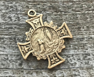 Mary Cross, Cross Pendant Medal, Antique Gold Cross, Gold Rosary Parts, Floral Cross, Catholic Jewelry Supply, Religious Jewelry, GL-6137