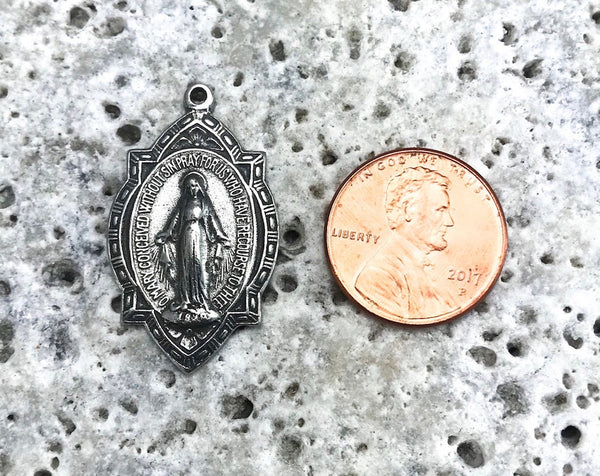 Load image into Gallery viewer, Miraculous Medal, Mary Catholic Religious, Silver Charm, Rosary Parts Pendant, Religious Christian Jewelry, PW-6043
