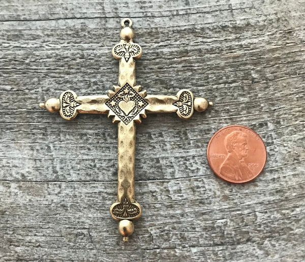 Load image into Gallery viewer, Sacred Heart Cross, French Jeannette Cross, Floral Cross Pendant, Antiqued Gold Cross, Catholic Rosary Parts, Religious Jewelry, GL-6045
