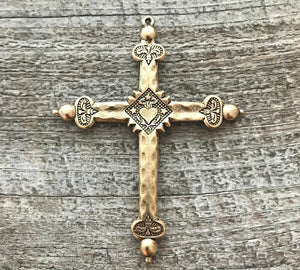 Sacred Heart Cross, French Jeannette Cross, Floral Cross Pendant, Antiqued Gold Cross, Catholic Rosary Parts, Religious Jewelry, GL-6045