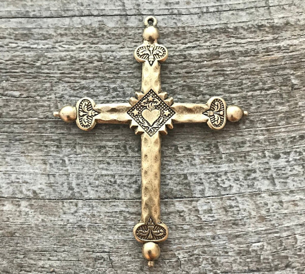 Load image into Gallery viewer, Sacred Heart Cross, French Jeannette Cross, Floral Cross Pendant, Antiqued Gold Cross, Catholic Rosary Parts, Religious Jewelry, GL-6045
