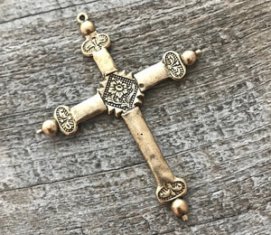 Sacred Heart Cross, French Jeannette Cross, Floral Cross Pendant, Antiqued Gold Cross, Catholic Rosary Parts, Religious Jewelry, GL-6045