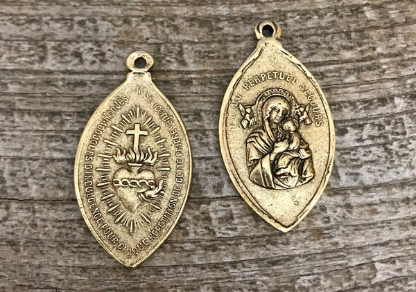 Load image into Gallery viewer, Sacred Heart Mary Medal, Catholic Religious French Pendant, Blessed Mother, Antiqued Gold Charm, Lady of Sorrows, Religious, GL-6051
