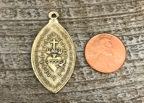 Load image into Gallery viewer, Sacred Heart Mary Medal, Catholic Religious French Pendant, Blessed Mother, Antiqued Gold Charm, Lady of Sorrows, Religious, GL-6051
