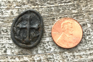 Cross Charm, Rustic Brown Pocket Cross, Circle Cross Coin Token, Religious Cross, Antiqued Charm, Christian Jewelry, Men's Jewelry BR-6040
