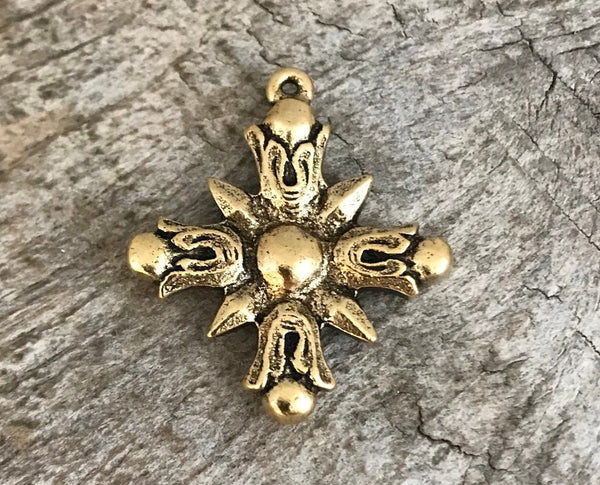 Load image into Gallery viewer, Cross Charm, Gold Cross, Cross Pendant, Star Sun Flame Cross, Religious Jewelry, Christian Jewelry Making Supply, Religious, GL-6044
