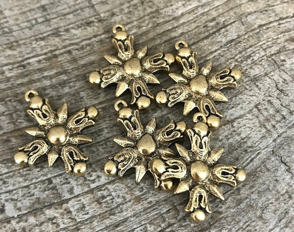 Load image into Gallery viewer, Cross Charm, Gold Cross, Cross Pendant, Star Sun Flame Cross, Religious Jewelry, Christian Jewelry Making Supply, Religious, GL-6044
