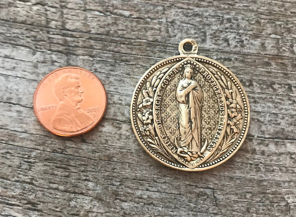 Load image into Gallery viewer, Mary Medal, Sacre Couer Pendant, Sacred Heart Pendant, Gold Pendant, Fleur de Lis, Rosary, Catholic Pendant, Christian Jewelry, GL-6042
