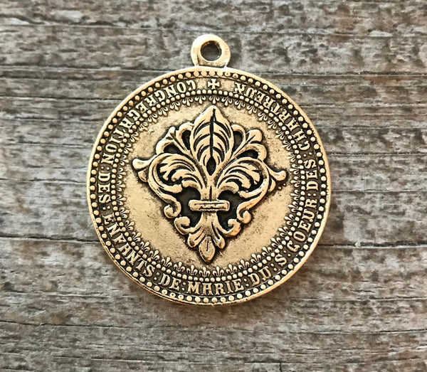 Load image into Gallery viewer, Mary Medal, Sacre Couer Pendant, Sacred Heart Pendant, Gold Pendant, Fleur de Lis, Rosary, Catholic Pendant, Christian Jewelry, GL-6042
