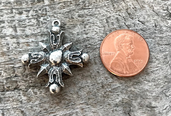 Load image into Gallery viewer, Cross Charm, Silver Cross, Cross Pendant, Star Sun Flame Cross, Religious Jewelry, Christian Jewelry, Jewelry Making Supply, Gift, PW-6044
