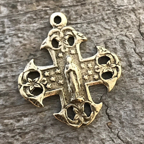 Load image into Gallery viewer, Mary Cross, Cross Pendant, Antique Gold Cross, Gold Rosary Parts, Notre Dame Medal, Catholic Jewelry Supply, Religious Jewelry, GL-6050
