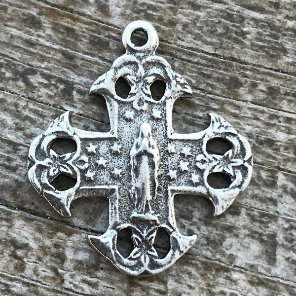 Load image into Gallery viewer, Mary Cross, Antiqued Silver Cross Charm, Silver Rosary Parts, Notre Dame Medal, Catholic Jewelry Supply, Religious Jewelry, PW-6050
