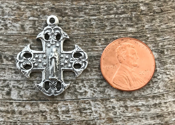 Load image into Gallery viewer, Mary Cross, Antiqued Silver Cross Charm, Silver Rosary Parts, Notre Dame Medal, Catholic Jewelry Supply, Religious Jewelry, PW-6050
