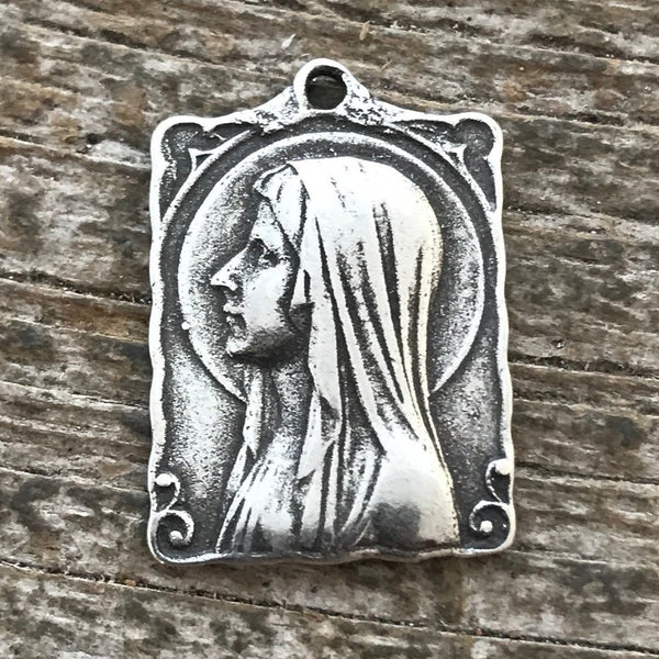 Load image into Gallery viewer, Mary Medal Rectangle, Virgin Mary, Our Lady of Lourdes, Catholic Necklace, Religious Charm, Silver French Charm, Christian PW-1057
