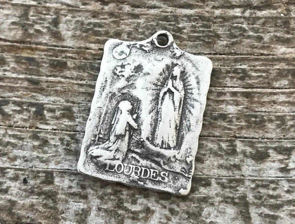 Load image into Gallery viewer, Mary Medal Rectangle, Virgin Mary, Our Lady of Lourdes, Catholic Necklace, Religious Charm, Silver French Charm, Christian PW-1057
