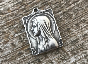 Mary Medal Rectangle, Virgin Mary, Our Lady of Lourdes, Catholic Necklace, Religious Charm, Silver French Charm, Christian PW-1057