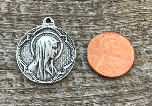 Mary Medal, Virgin Mary, Round Antiqued Silver Charm, Blessed Mother, Religious Jewelry, Christian Catholic Jewelry, PW-6049