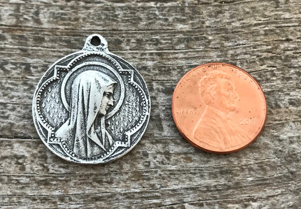 Load image into Gallery viewer, Mary Medal, Virgin Mary, Round Antiqued Silver Charm, Blessed Mother, Religious Jewelry, Christian Catholic Jewelry, PW-6049
