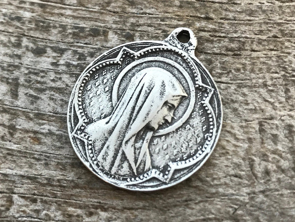 Load image into Gallery viewer, Mary Medal, Virgin Mary, Round Antiqued Silver Charm, Blessed Mother, Religious Jewelry, Christian Catholic Jewelry, PW-6049
