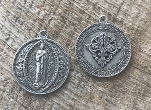 Mary Medal, Sacre Couer Pendant, Sacred Heart Pendant, Silver Pendant, Fleur de Lis, Rosary, Catholic Pendant, Christian Jewelry PW-6042