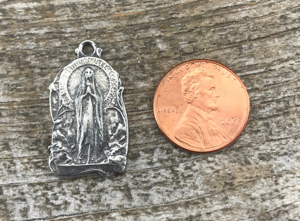 Load image into Gallery viewer, Mary Medal, Virgin Mary, Our Lady of Lourdes, Catholic Necklace, Religious Charm, Silver French Charm, Christian Jewelry Supplies, PW-6034
