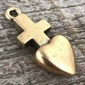 Cross Pendant, Antiqued Gold Heart, Cross Charm, Heart Pendant, Heart Cross, Ex Voto, Milagro, Talisman, GL-6002