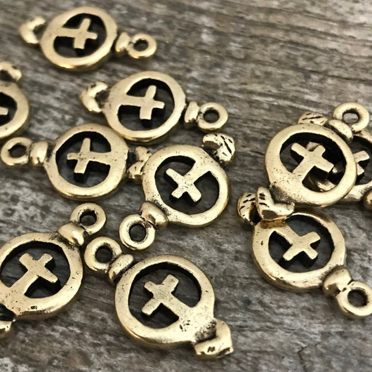 2 Heart Cross Charm, Antiqued Gold, Heart Cross, Ex Voto, Milagro, Talisman, GL-6013