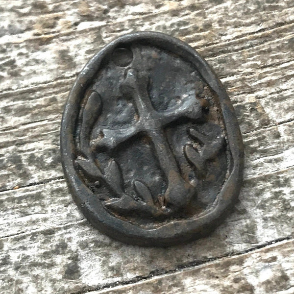 Load image into Gallery viewer, Cross Charm, Rustic Brown Pocket Cross, Circle Cross Coin Token, Religious Cross, Antiqued Charm, Christian Jewelry, Men&#39;s Jewelry BR-6040

