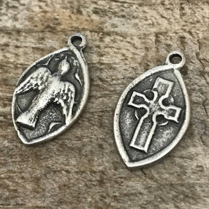 2 Cross Charm, Dove Charm, Holy Spirit Medal, Bird Charm, Saint Esprit, Silver Cross Charm, Religious Jewelry Making Supplies PW-6037