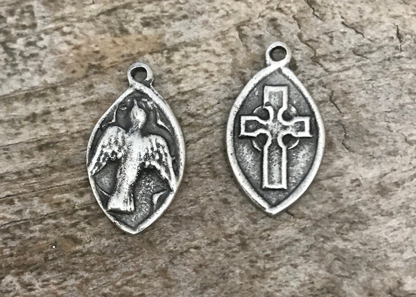 Load image into Gallery viewer, 2 Cross Charm, Dove Charm, Holy Spirit Medal, Bird Charm, Saint Esprit, Silver Cross Charm, Religious Jewelry Making Supplies PW-6037

