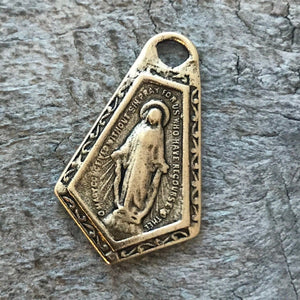 Miraculous Medal, Art Deco Virgin Mary, Gold Charm, Blessed Mother, Catholic Christian Religious Jewelry, Jewelry Supplies, GL-6047