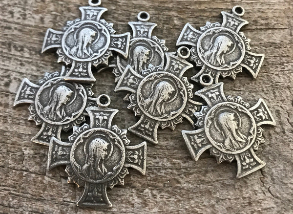 Load image into Gallery viewer, Mary Cross, Cross Pendant, Blessed Mother Silver Cross, Rosary Parts, Floral Cross, Catholic Jewelry Supply, Religious Jewelry, PW-6137
