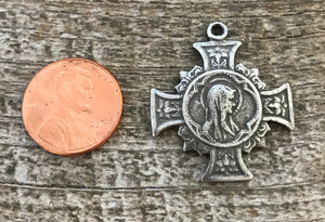 Mary Cross, Cross Pendant, Blessed Mother Silver Cross, Rosary Parts, Floral Cross, Catholic Jewelry Supply, Religious Jewelry, PW-6137