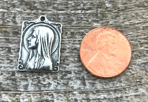 Mary Medal Rectangle, Virgin Mary, Our Lady of Lourdes, Catholic Necklace, Religious Charm, Silver French Charm, Christian PW-1057