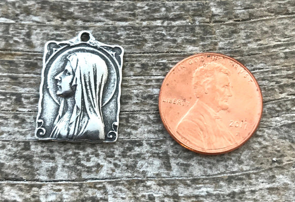 Load image into Gallery viewer, Mary Medal Rectangle, Virgin Mary, Our Lady of Lourdes, Catholic Necklace, Religious Charm, Silver French Charm, Christian PW-1057
